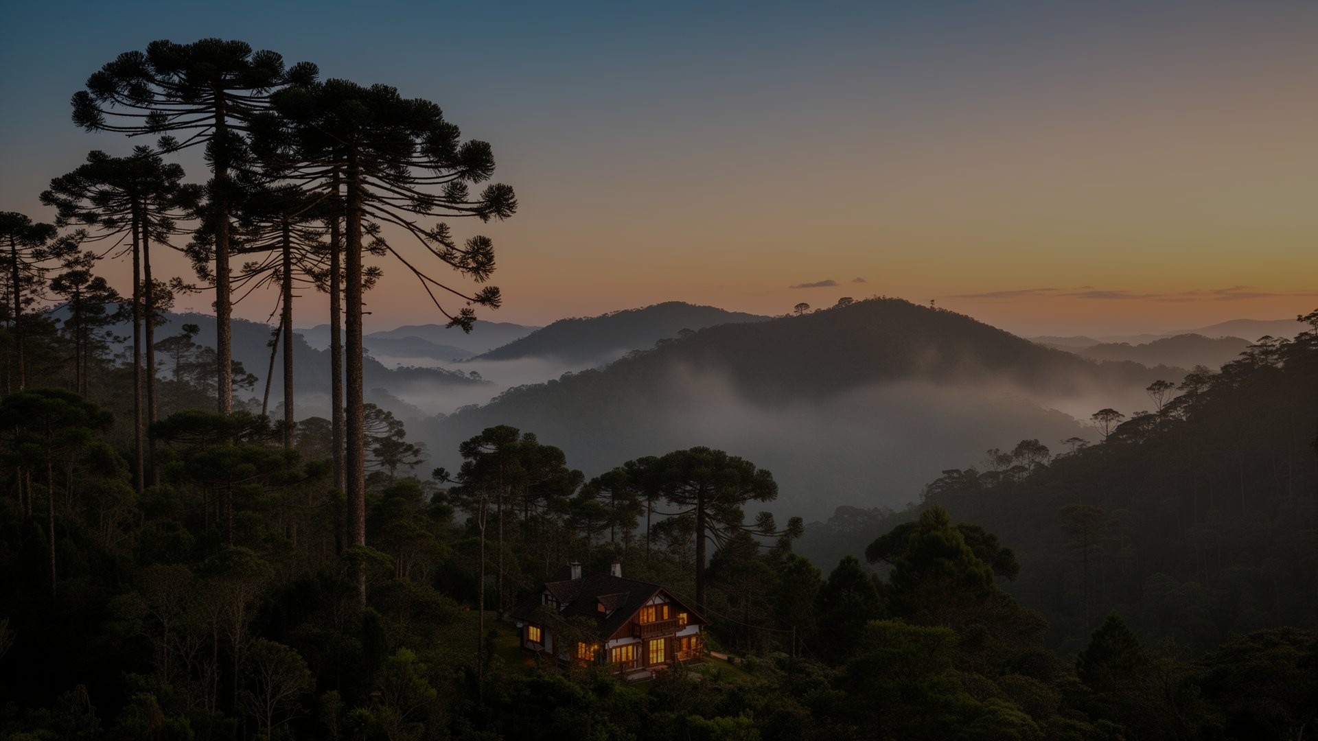 Vista de Monte Verde ao entardecer com araucárias e chalé na floresta